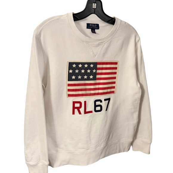 Polo Ralph Lauren’s Unisex Kids Pullover Sweatshirt W/ Fabric Flag & RL67 Sz M - Picture 2 of 12